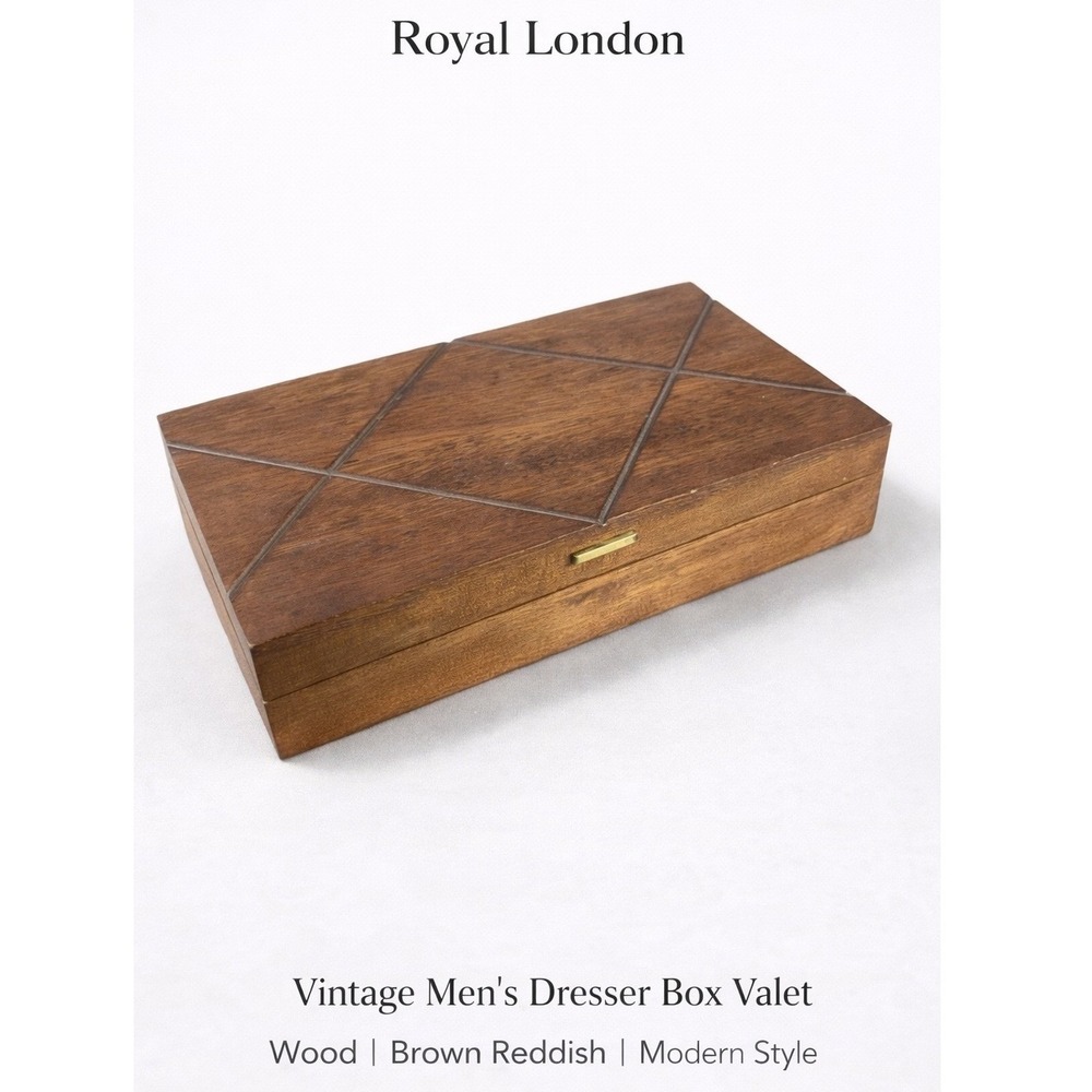 Royal London Vintage Mens‎ Wood Dresser Valet Box Red Lining Mid Century Modern